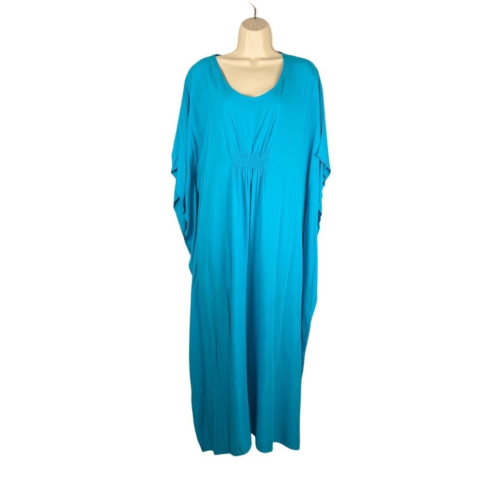 Stan Herman Caftan Womens Small Turquoise MuMu Rayon Maxi Vacation Relaxation